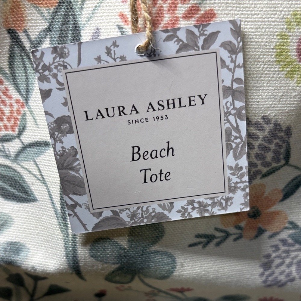 Laura Ashley Floral Canvas Beach Tote Bag Rope Handles Tassel Accent - Picture 2 of 5